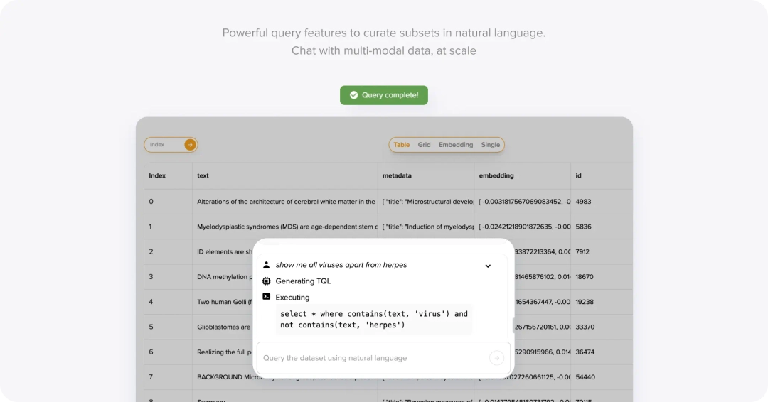 Powerful query features to curate subsets in natural language. Chat with multi-modal data, at scale