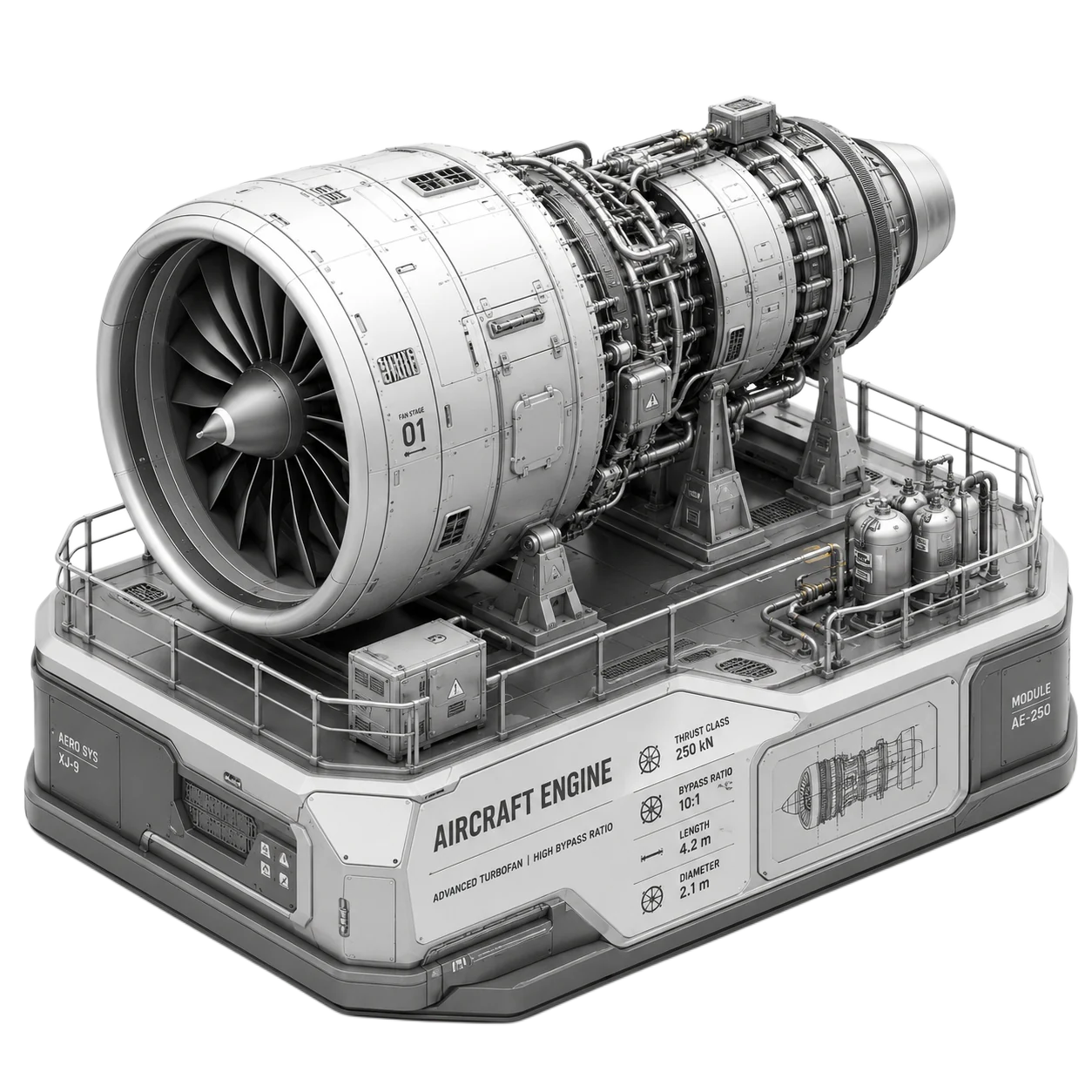 Isometric high-bypass aircraft engine on a platform with a small data plate showing thrust class, bypass ratio, length, and diameter.