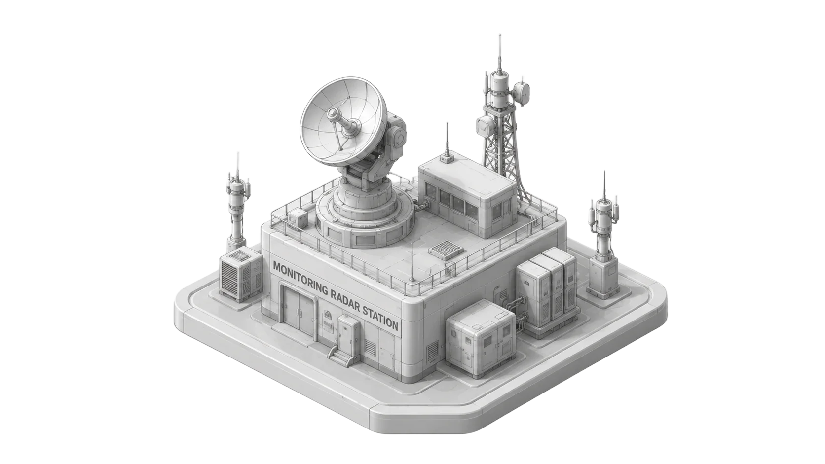 Isometric monitoring radar station with antennas and dish on top of a control building.