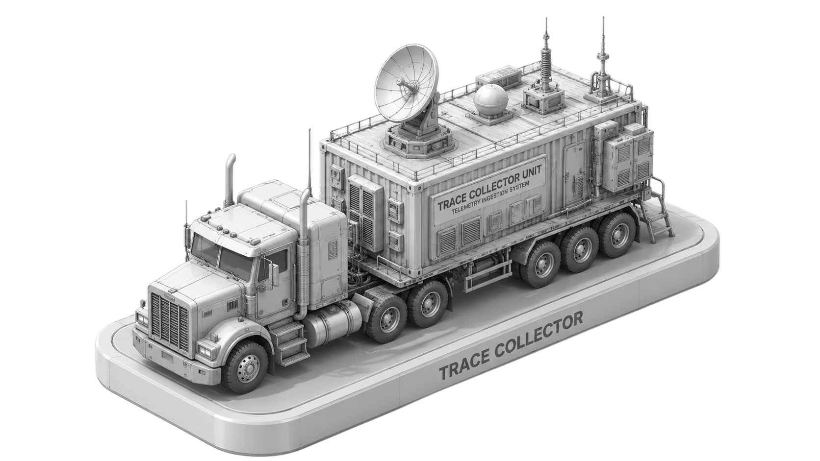 Isometric Trace Collector truck, the legacy mode: a single rig doing one collection task at a time, like one expert per workload.